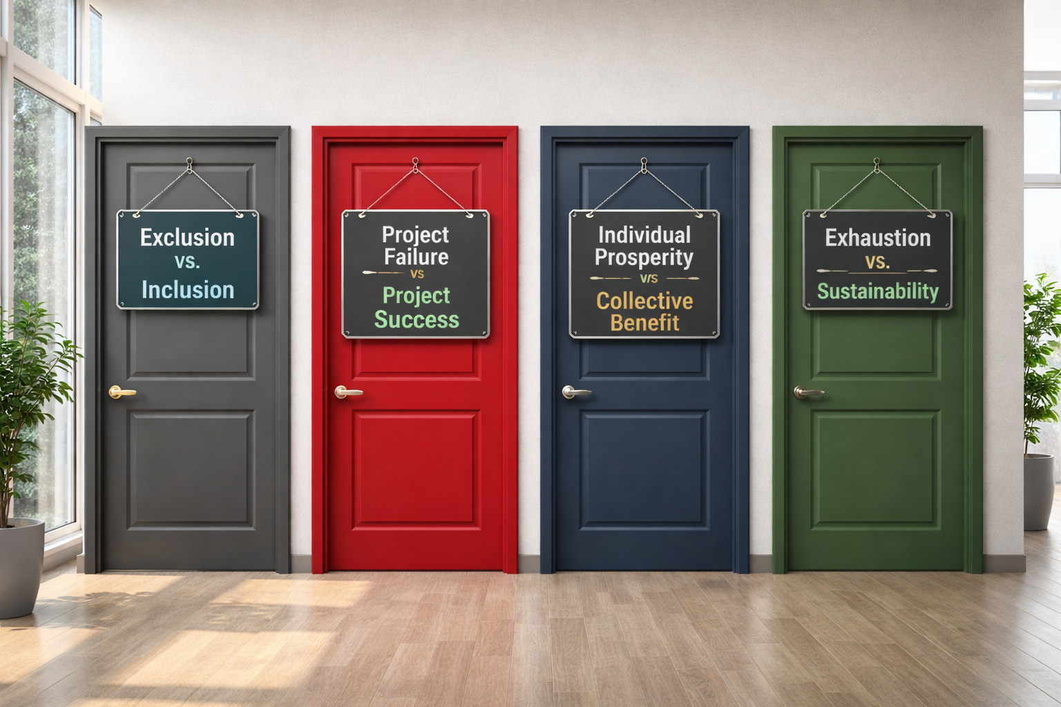 Four multi-colored doors are pictured with signs indicating, "Exclusion vs. inclusion Project, failure vs. project success, Individual prosperity vs. collective benefit, and Exhaustion vs. sustainability."