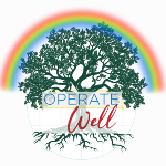 A variation on the current logo for Operate Well Consulting: a white and blue gridded circle is overlaid with the words “Operate Well,” with “Operate” fitting squarely in the grid and “Well” written in red cursive outside the grid. A dark green silhouette of an oak tree emerges from the circular grid. A rainbow frames the top.