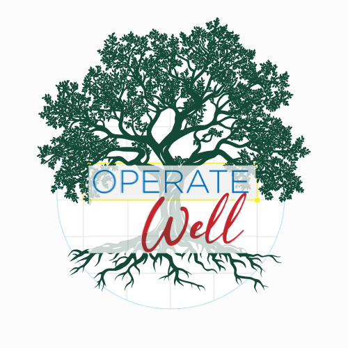 Operate Well logo: an oak tree design layered on top of a circular graph-paper grid, with the words “Operate Well” overlayed on top